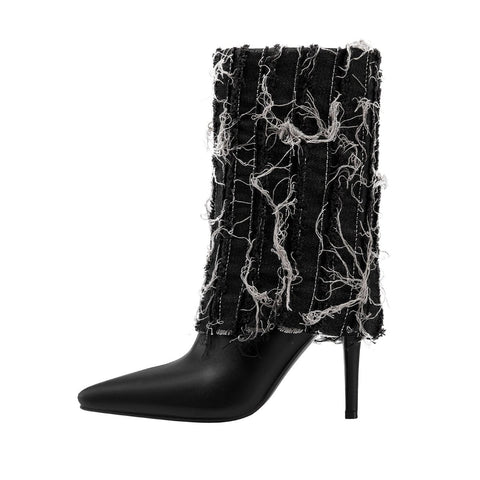 Distressed Denim Fold Over Leather Mid Calf Boots