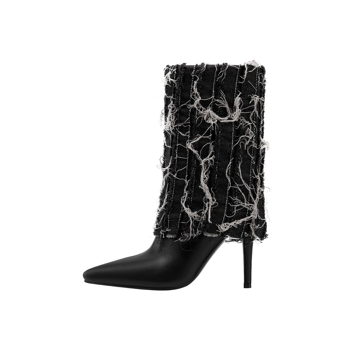 Distressed Denim Foldover Pointed Toe Stiletto Mid Calf Boots
