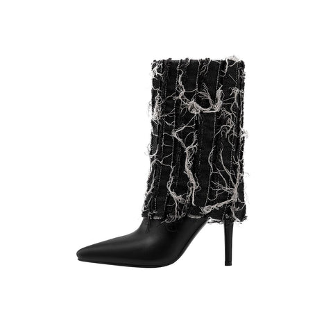 Distressed Denim Foldover Pointed Toe Stiletto Mid Calf Boots