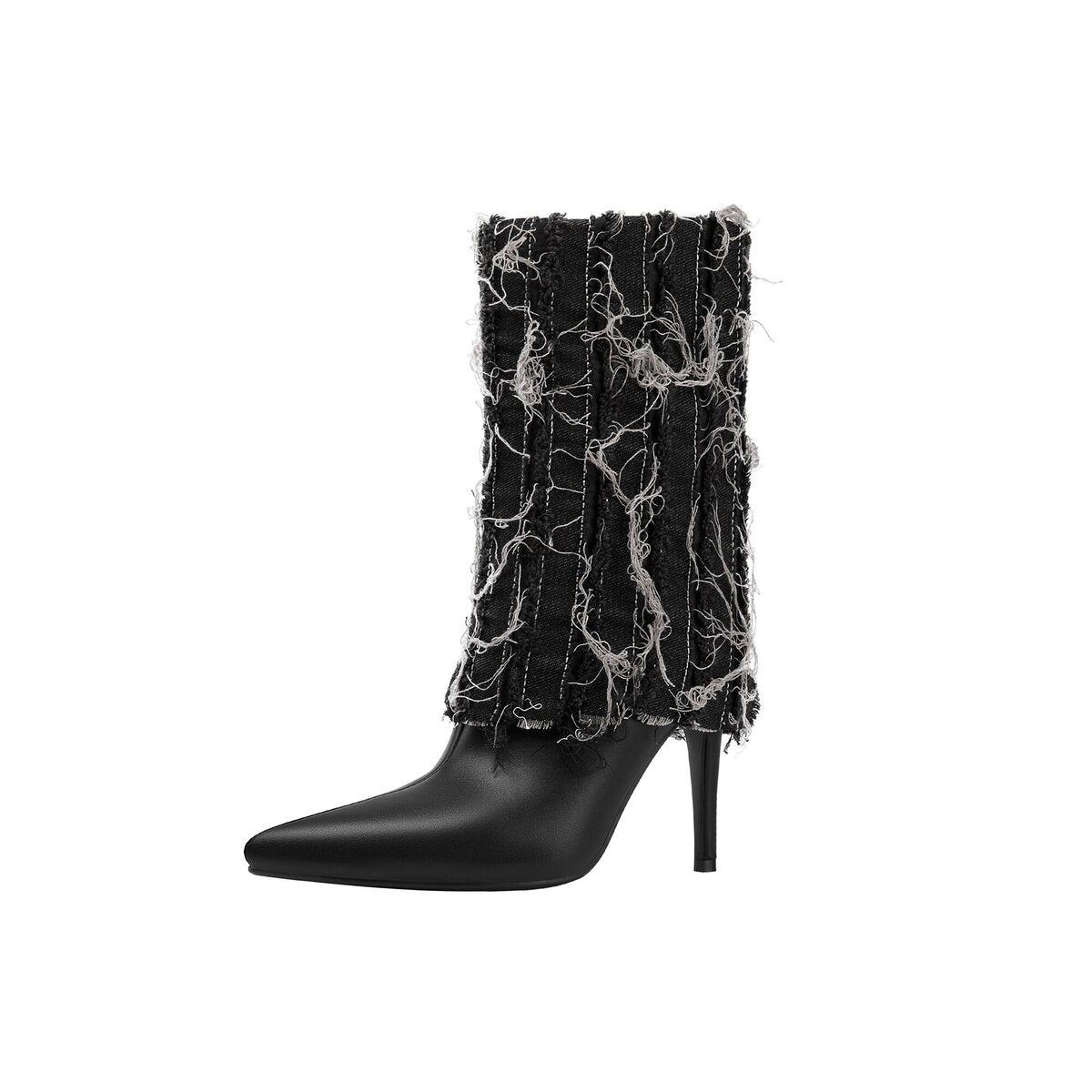 Distressed Denim Foldover Pointed Toe Stiletto Mid Calf Boots