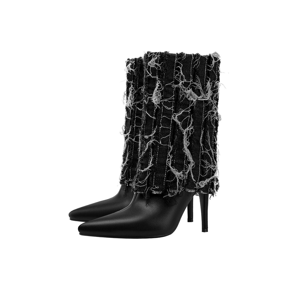 Distressed Denim Foldover Pointed Toe Stiletto Mid Calf Boots