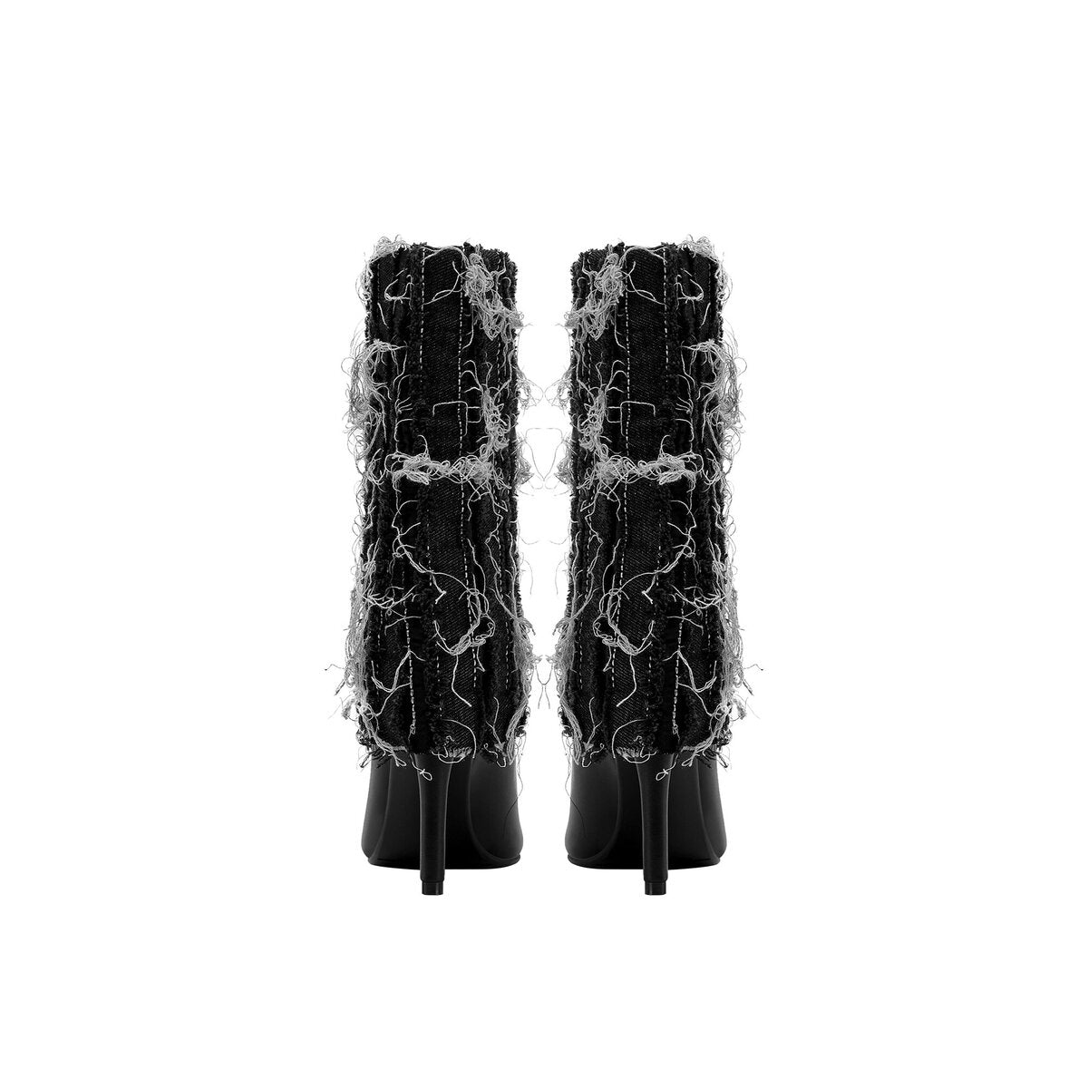 Distressed Denim Foldover Pointed Toe Stiletto Mid Calf Boots