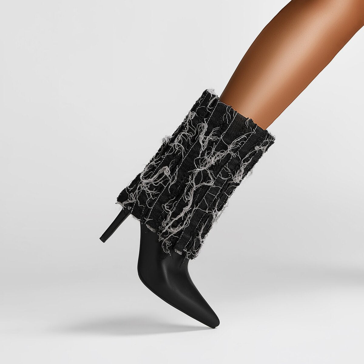 Distressed Denim Foldover Pointed Toe Stiletto Mid Calf Boots