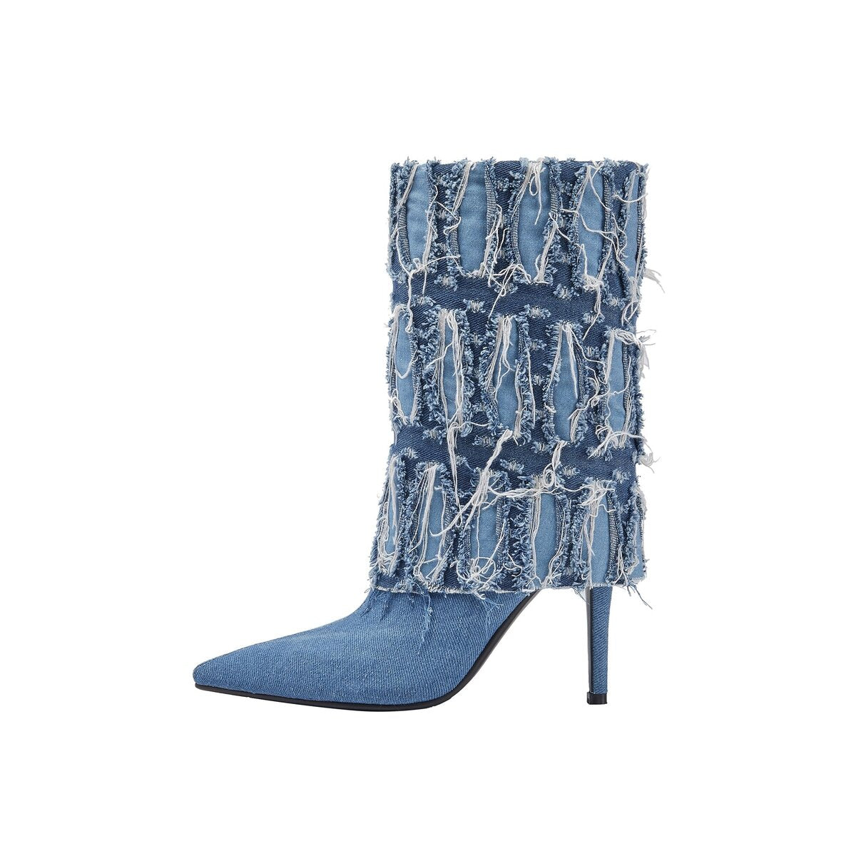 Distressed Denim Foldover Pointed Toe Stiletto Mid Calf Boots