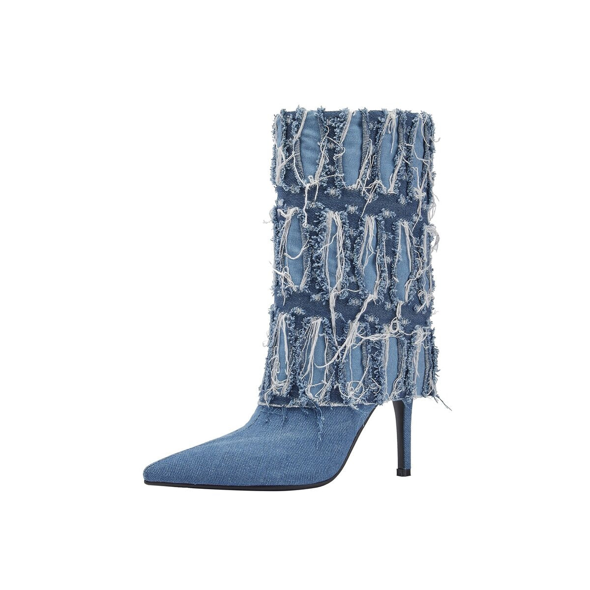 Distressed Denim Foldover Pointed Toe Stiletto Mid Calf Boots