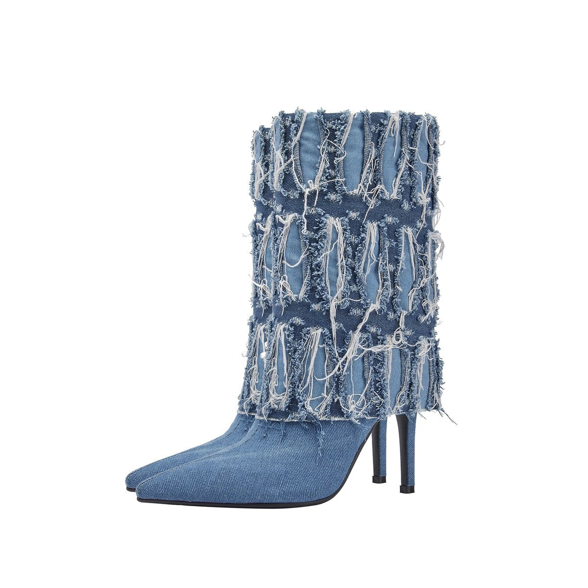 Distressed Denim Foldover Pointed Toe Stiletto Mid Calf Boots