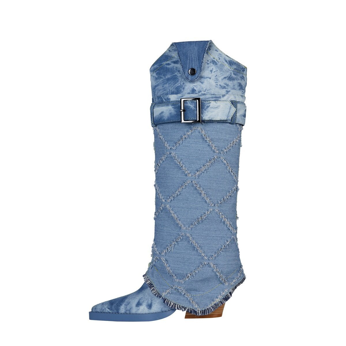 Distressed Diamond Denim Foldover Knee High Western Boots