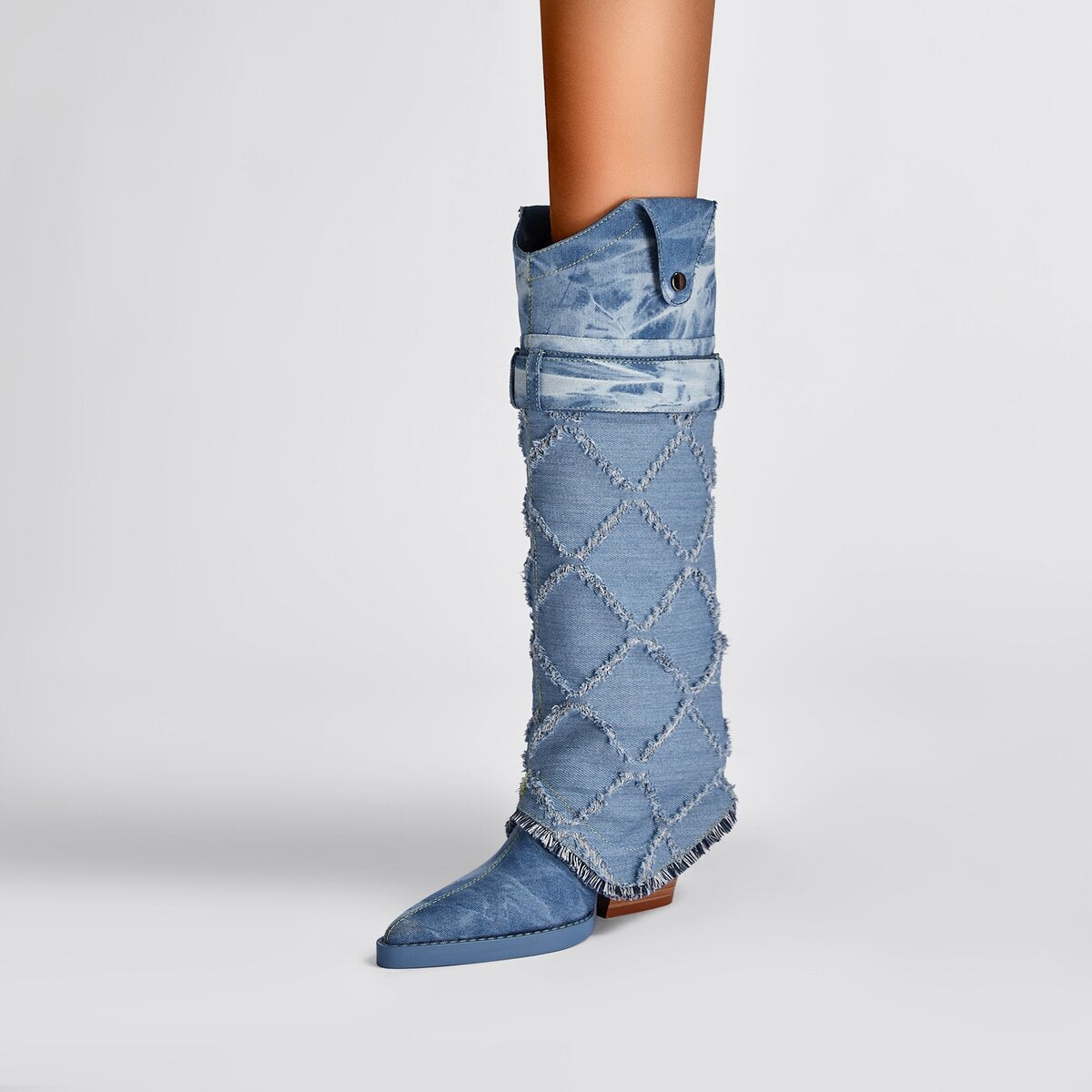 Distressed Diamond Denim Foldover Knee High Western Boots