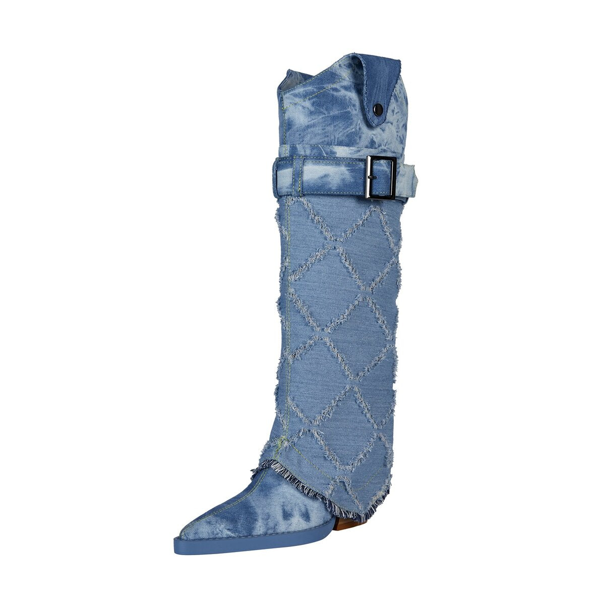 Distressed Diamond Denim Foldover Knee High Western Boots