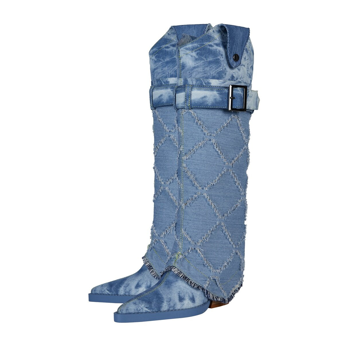 Distressed Diamond Denim Foldover Knee High Western Boots