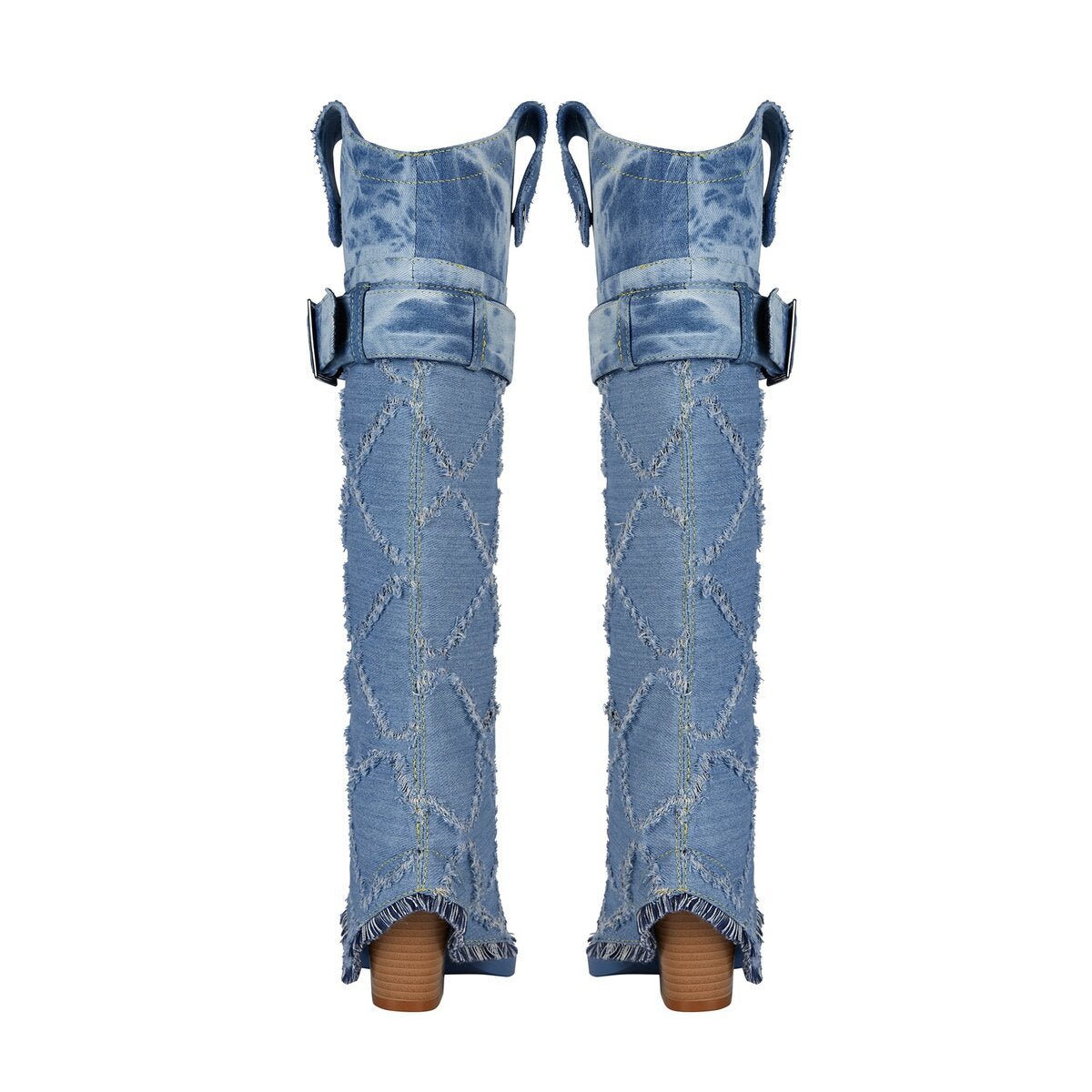 Distressed Diamond Denim Foldover Knee High Western Boots