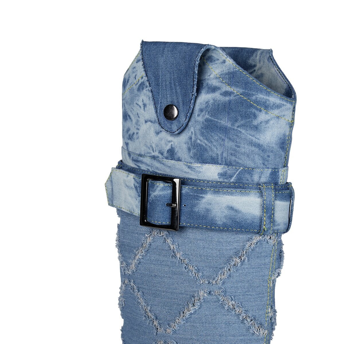 Distressed Diamond Denim Foldover Knee High Western Boots