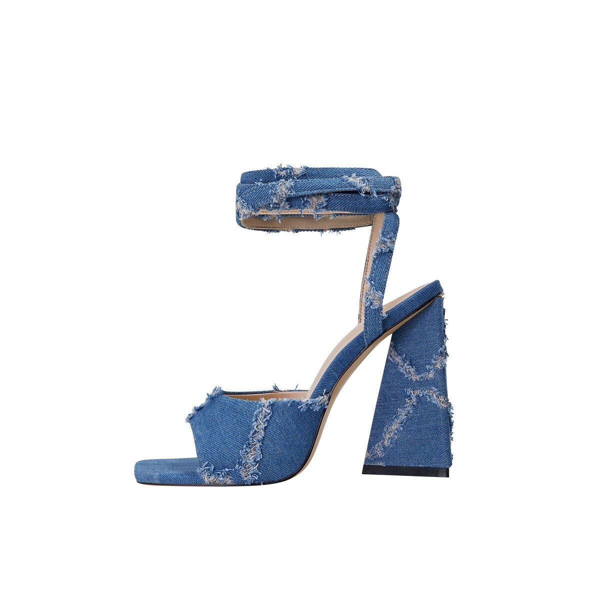 Distressed Diamond Denim Square Toe Block Heel Sandals