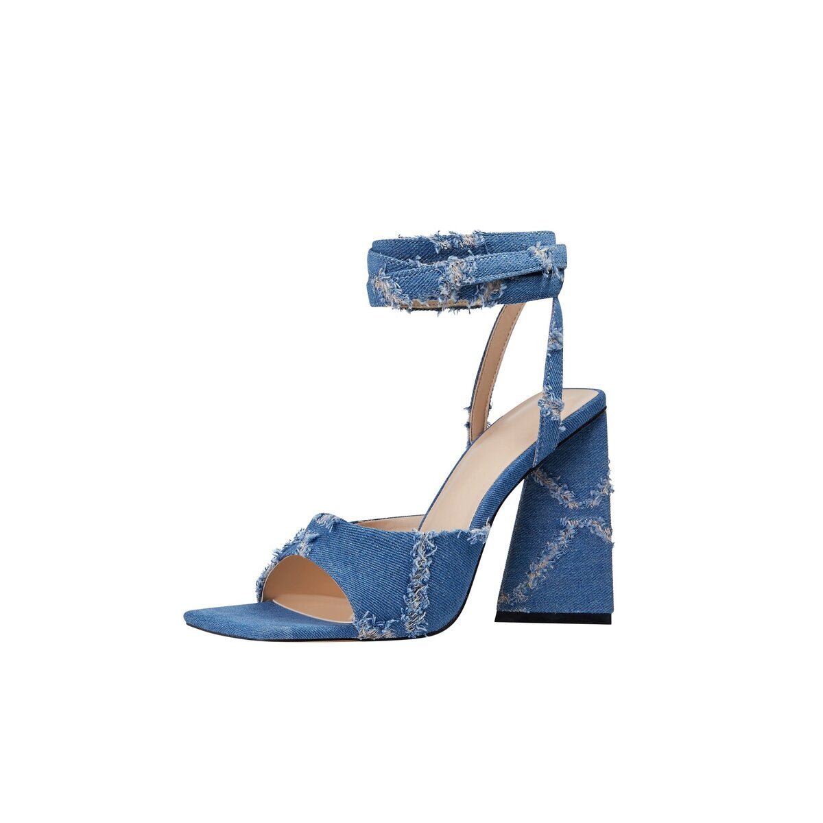 Distressed Diamond Denim Square Toe Block Heel Sandals