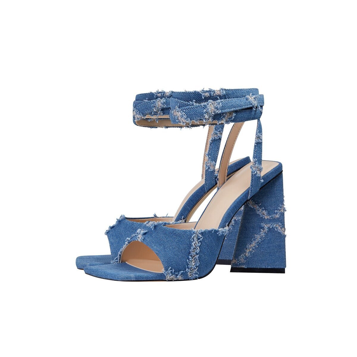 Distressed Diamond Denim Square Toe Block Heel Sandals