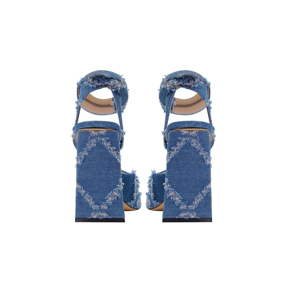 Distressed Diamond Denim Square Toe Block Heel Sandals