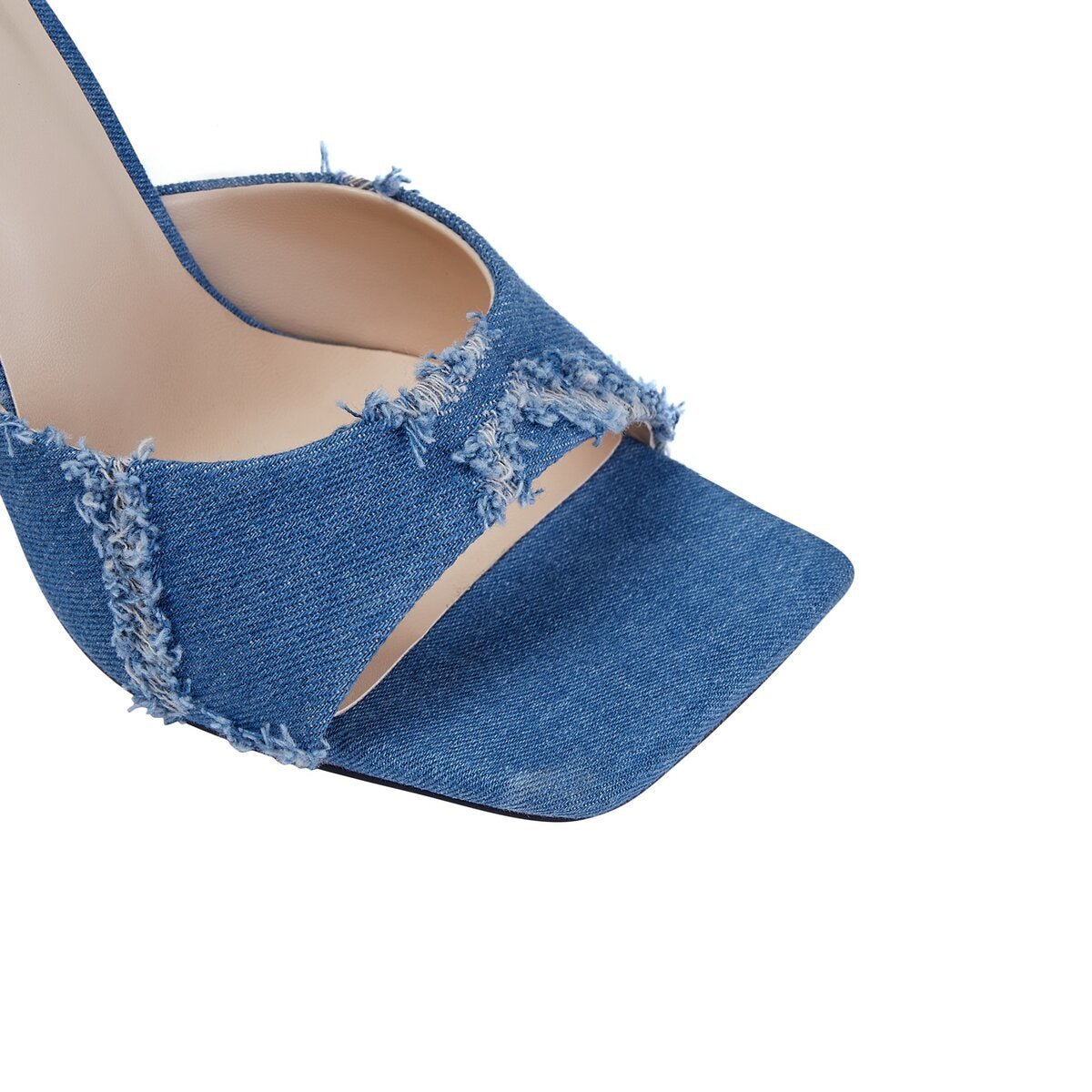 Distressed Diamond Denim Square Toe Block Heel Sandals