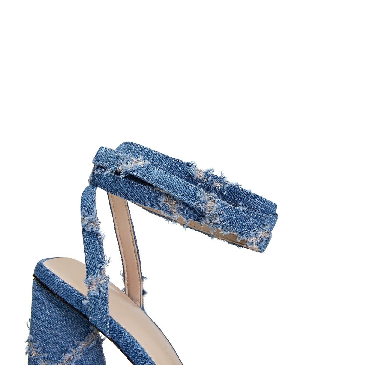 Distressed Diamond Denim Square Toe Block Heel Sandals