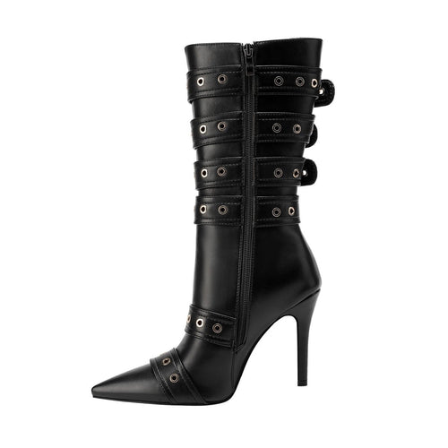 Dominatrix Leather Buckle Strappy Knee High Boots - 0cm