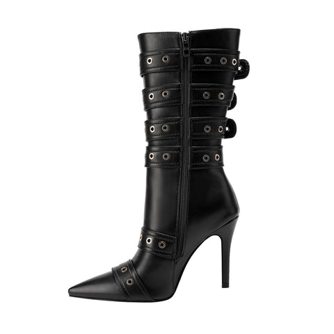 Dominatrix Leather Buckle Strappy Knee High Boots
