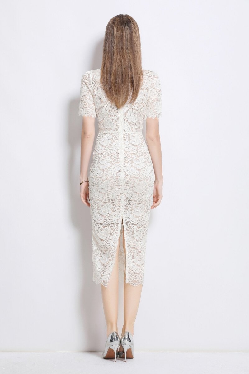 Donna Slim Fit White Lace Cut Out Dress with Inner Slip Donna Slim Fit White Lace Cut Out Dress with Inner Slip