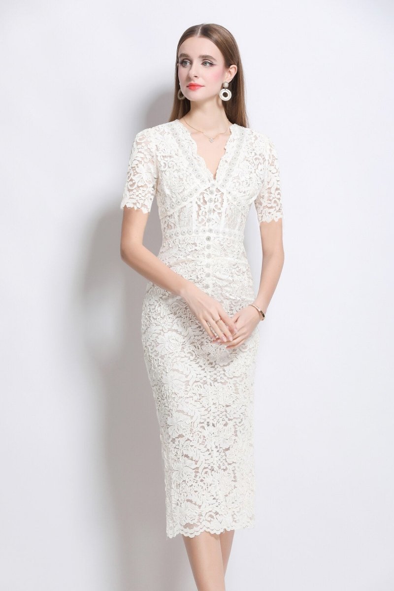 Donna Slim Fit White Lace Cut Out Dress with Inner Slip - 0cm