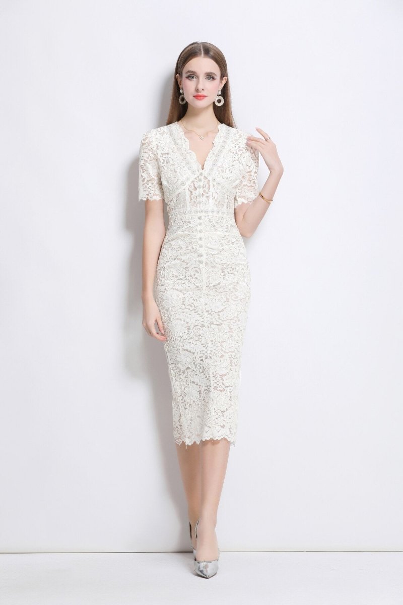 Donna Slim Fit White Lace Cut Out Dress with Inner Slip - 0cm