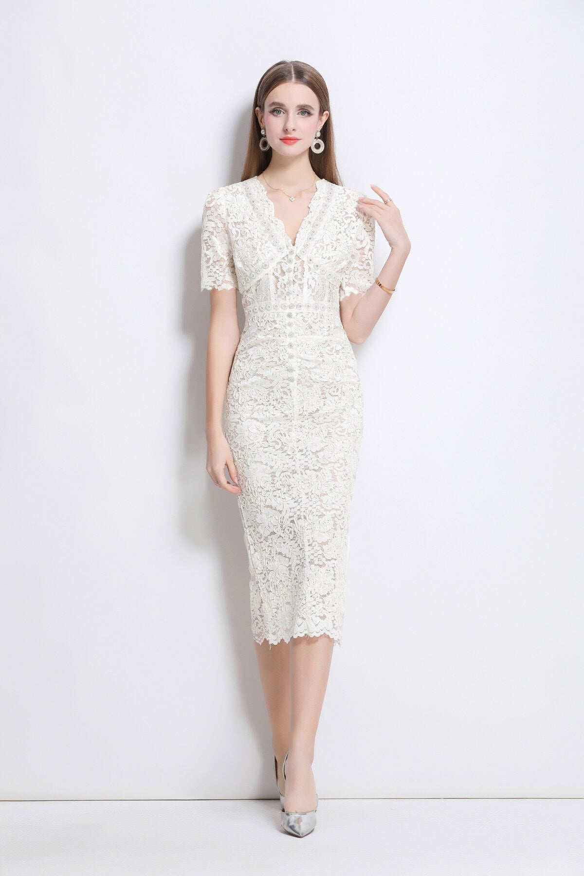 donna slim fit white lace cut out dress with inner slip all white 1
