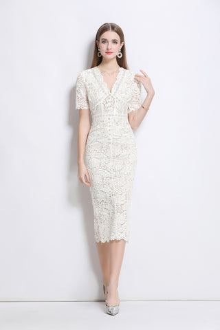 Donna Slim Fit White Lace Cut Out Dress with Inner Slip