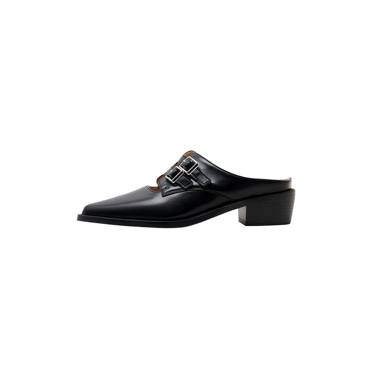 Double Buckle Cutout Leather Pointed Toe Mules