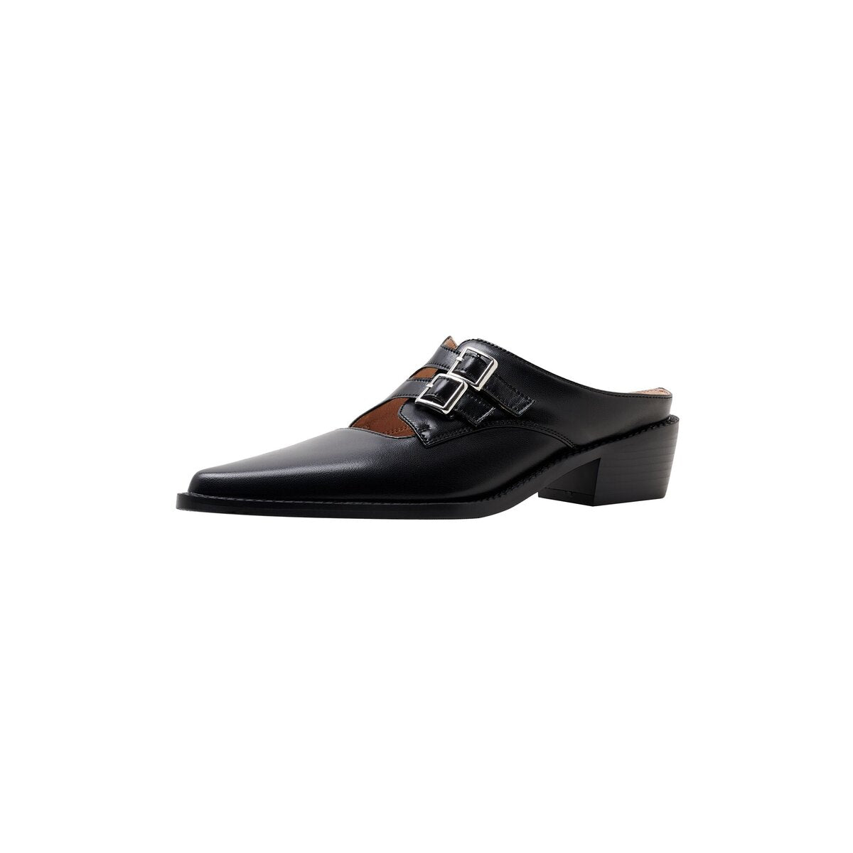 Double Buckle Cutout Leather Pointed Toe Mules