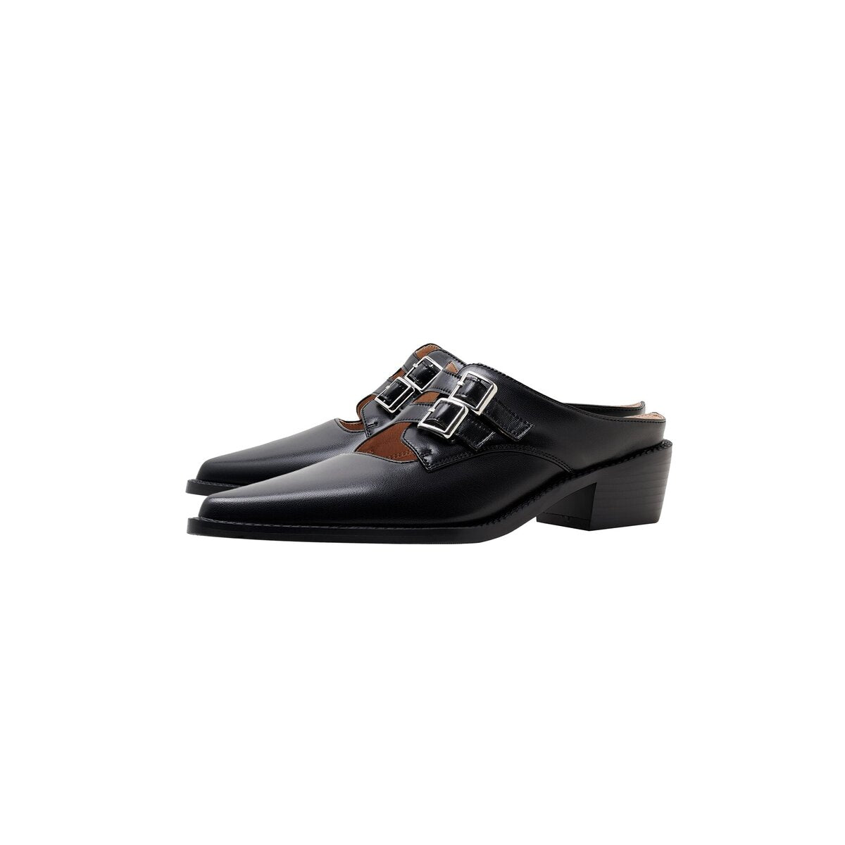 Double Buckle Cutout Leather Pointed Toe Mules