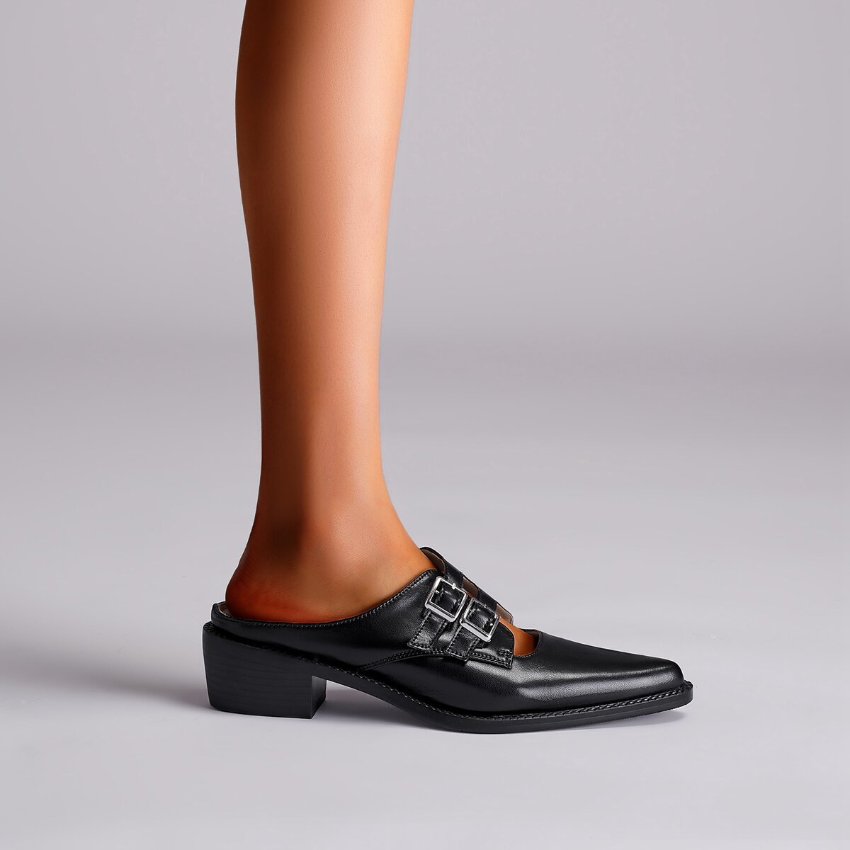 Double Buckle Cutout Leather Pointed Toe Mules