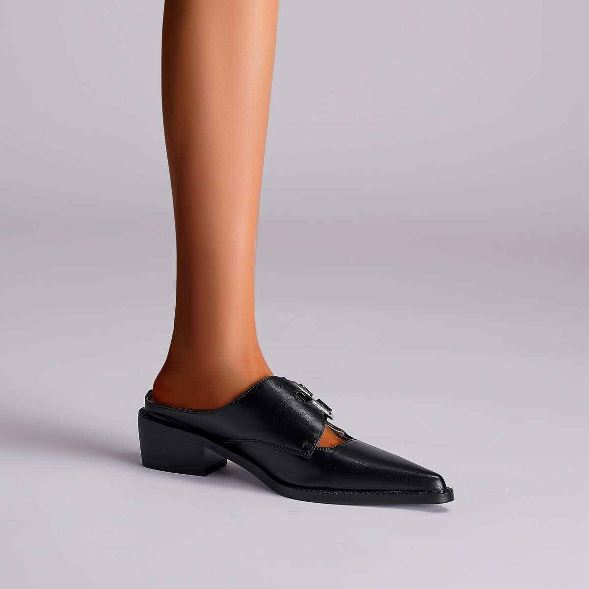 Double Buckle Cutout Leather Pointed Toe Mules
