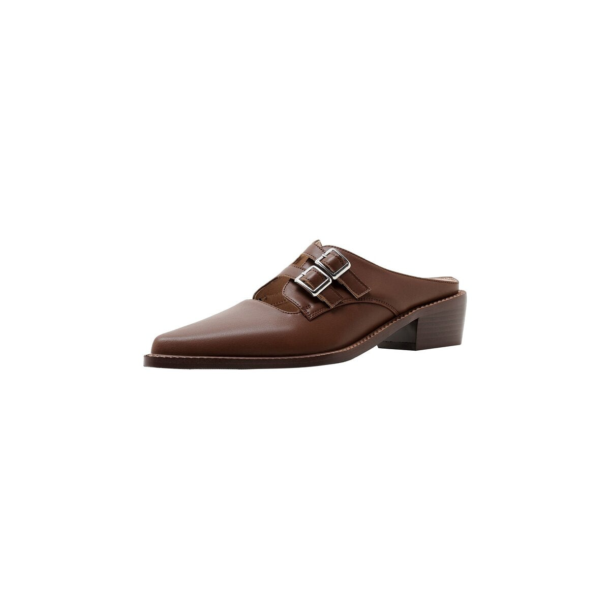 Double Buckle Cutout Leather Pointed Toe Mules