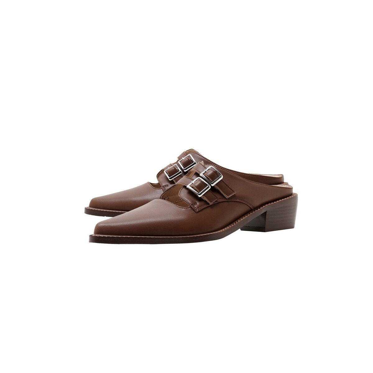 Double Buckle Cutout Leather Pointed Toe Mules