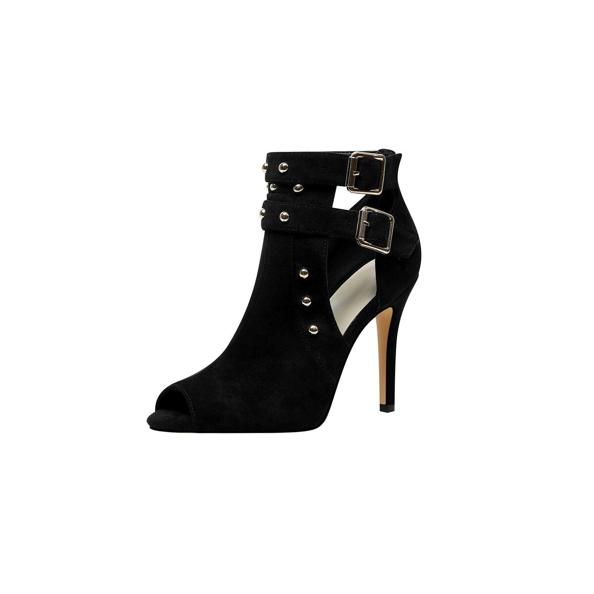 Double Buckle Studded Suede Cutout Ankle Boots