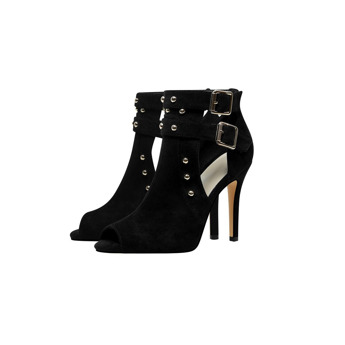 Double Buckle Studded Suede Cutout Ankle Boots
