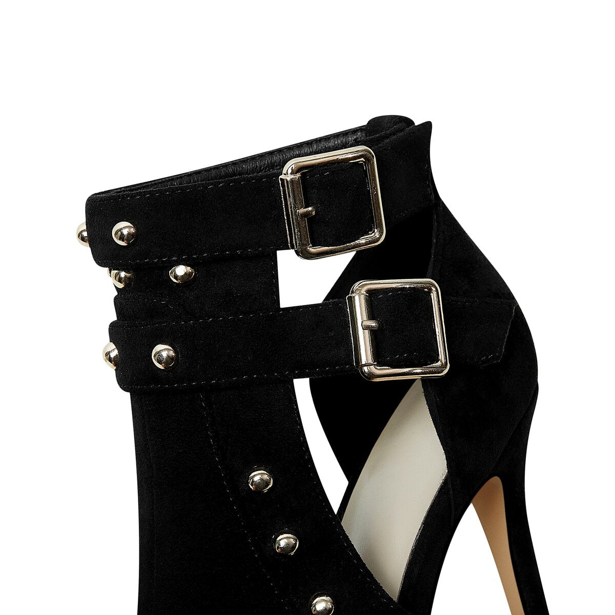 Double Buckle Studded Suede Cutout Ankle Boots