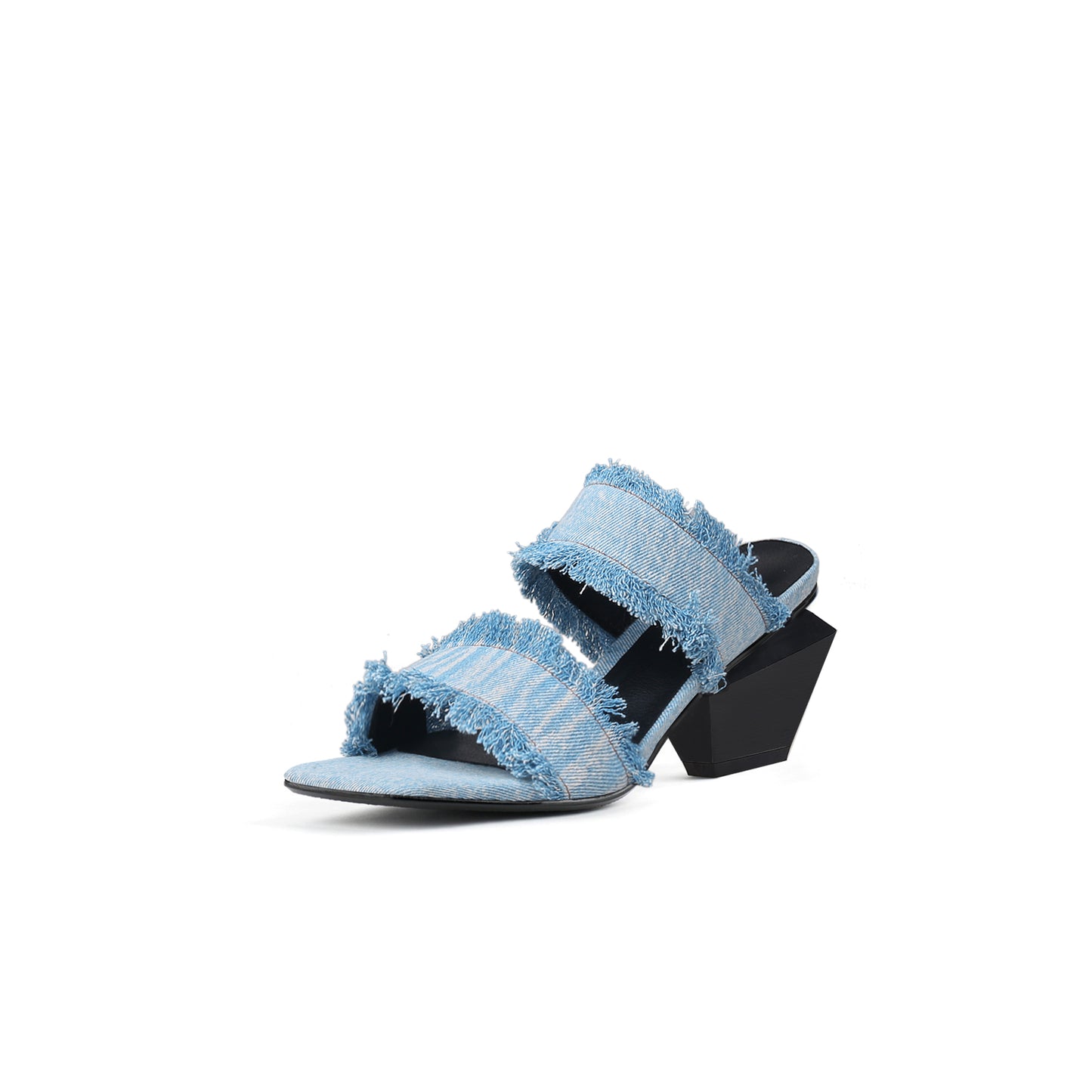 double strap fringed denim square toe mules all blue 2