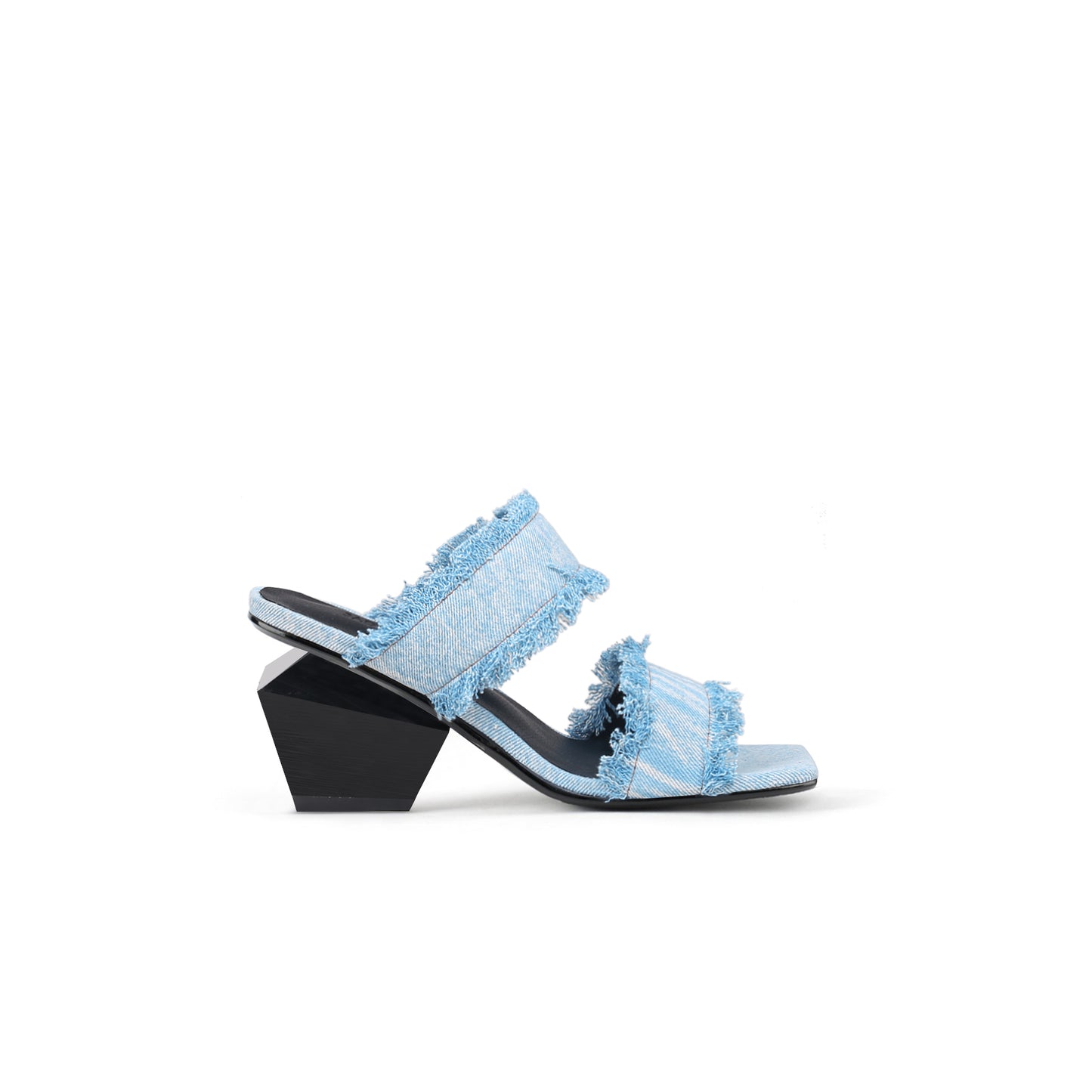 double strap fringed denim square toe mules all blue 3