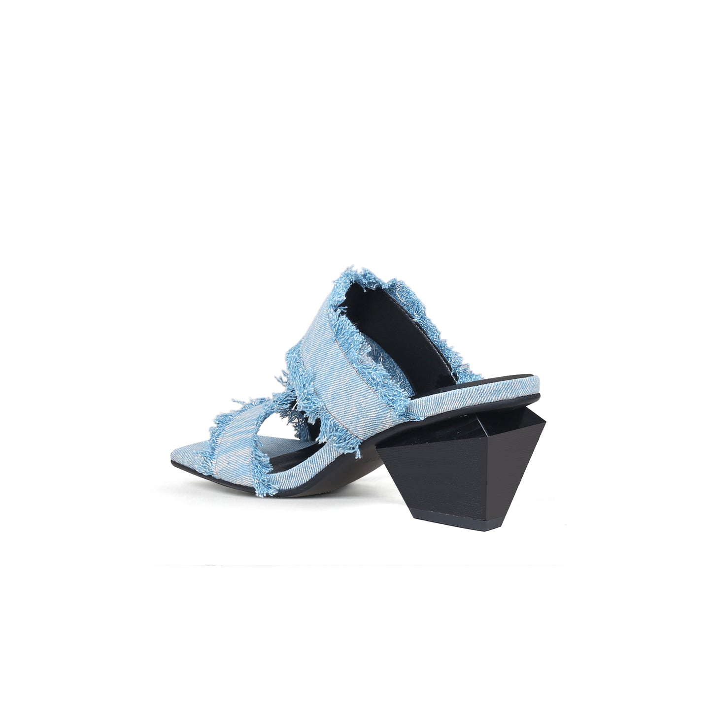 double strap fringed denim square toe mules all blue 4
