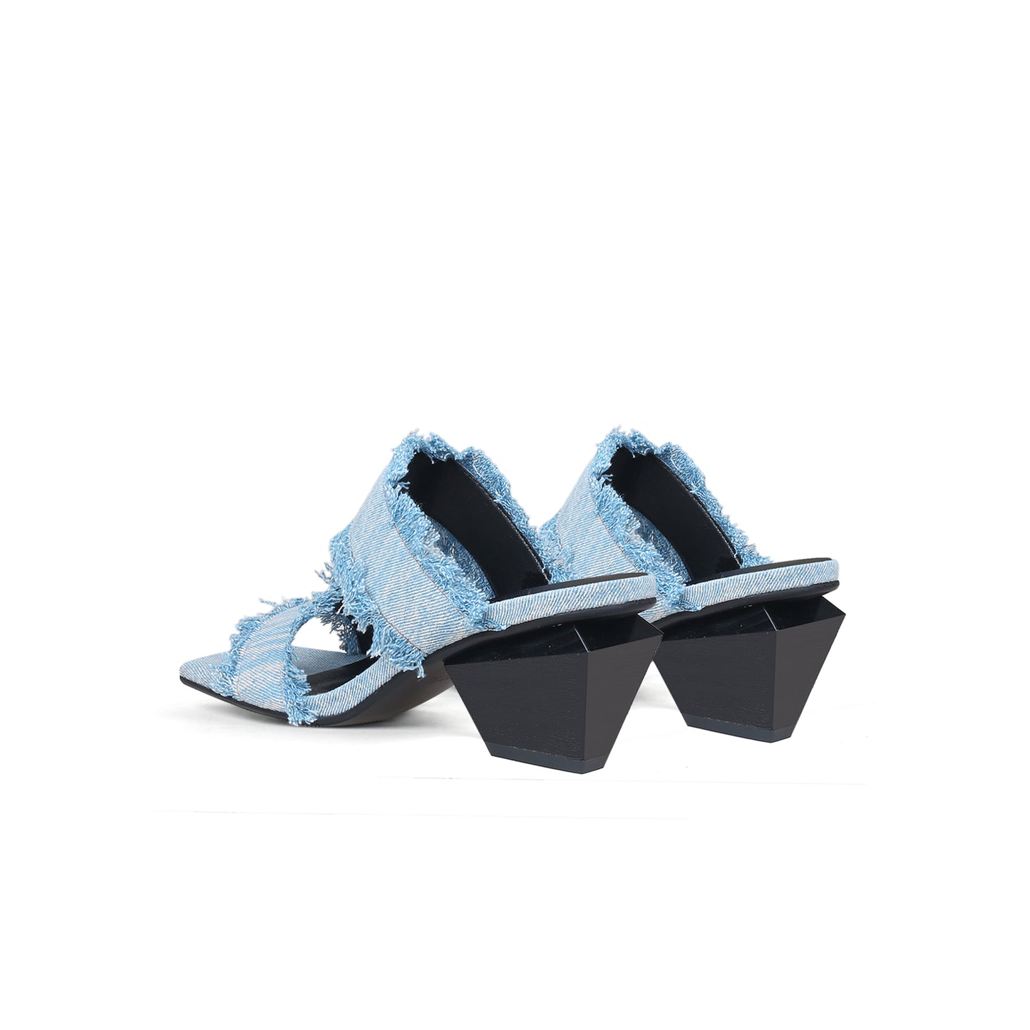 double strap fringed denim square toe mules all blue 5