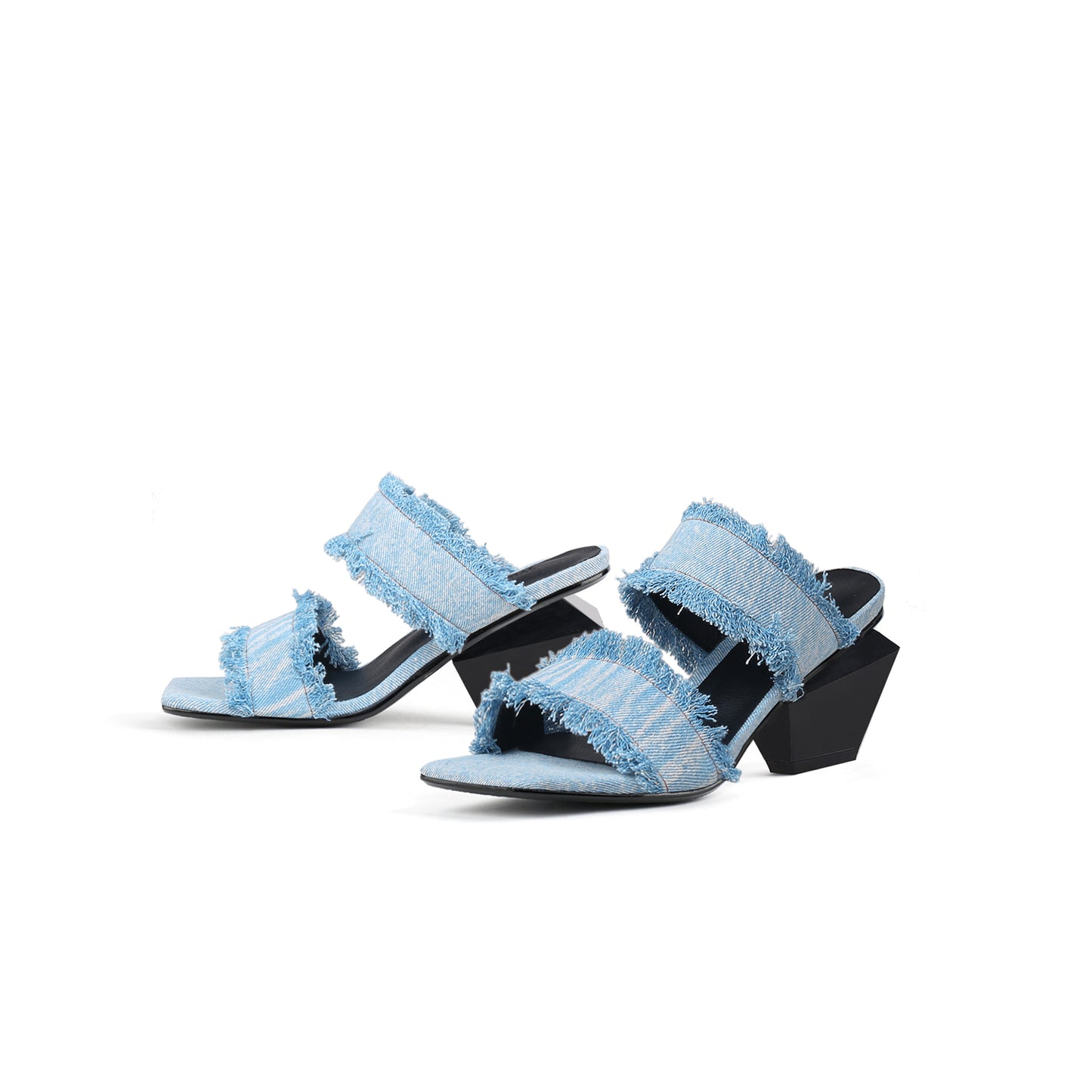 double strap fringed denim square toe mules all blue 6
