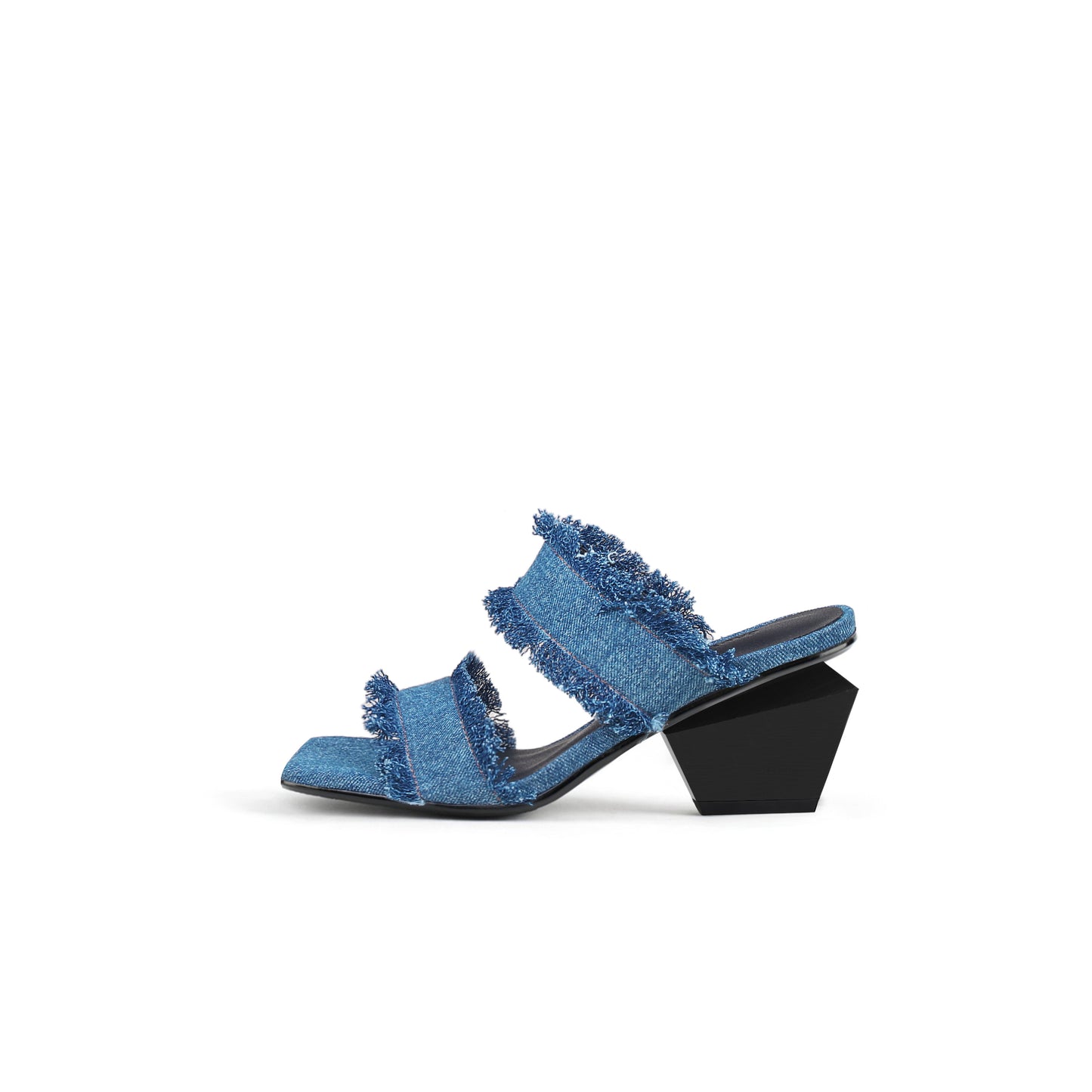 double strap fringed denim square toe mules all sapphire 1