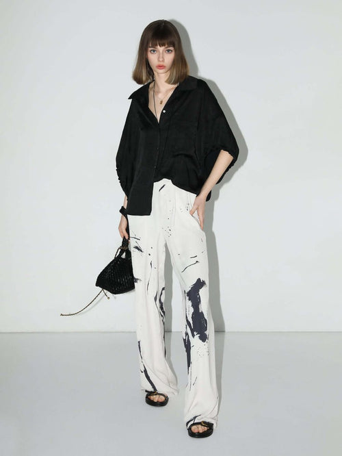 Draped Black Satin Batwing Shirt - 0cm