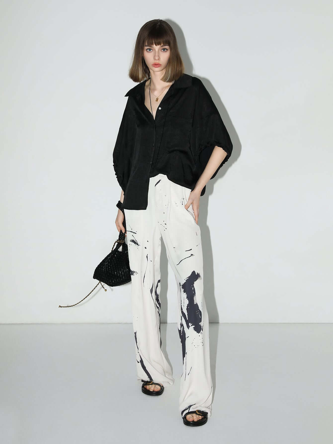 draped black satin batwing shirt all black 1