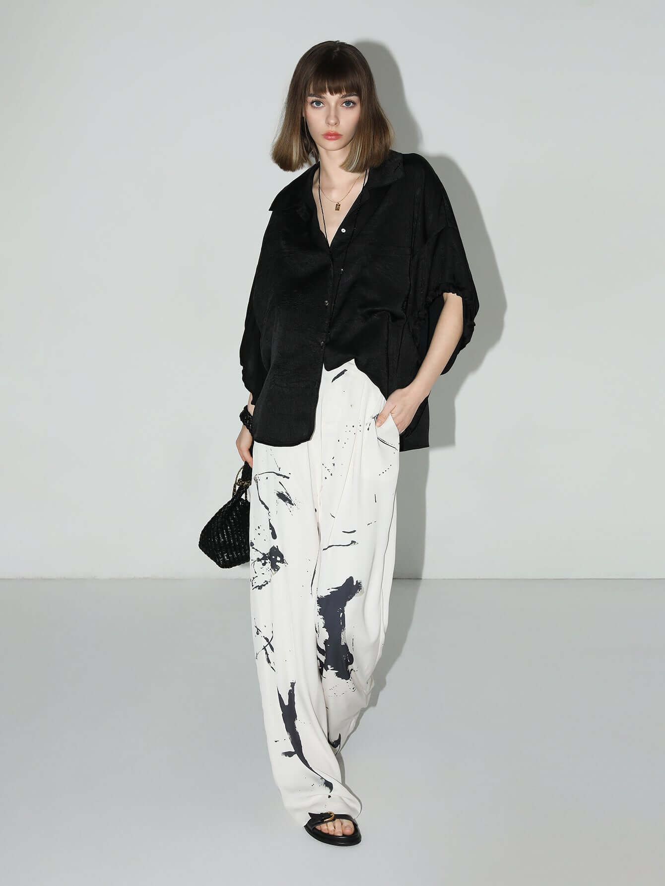 draped black satin batwing shirt all black 2