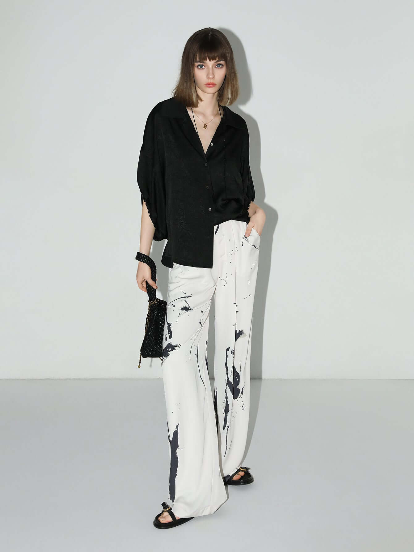 draped black satin batwing shirt all black 3