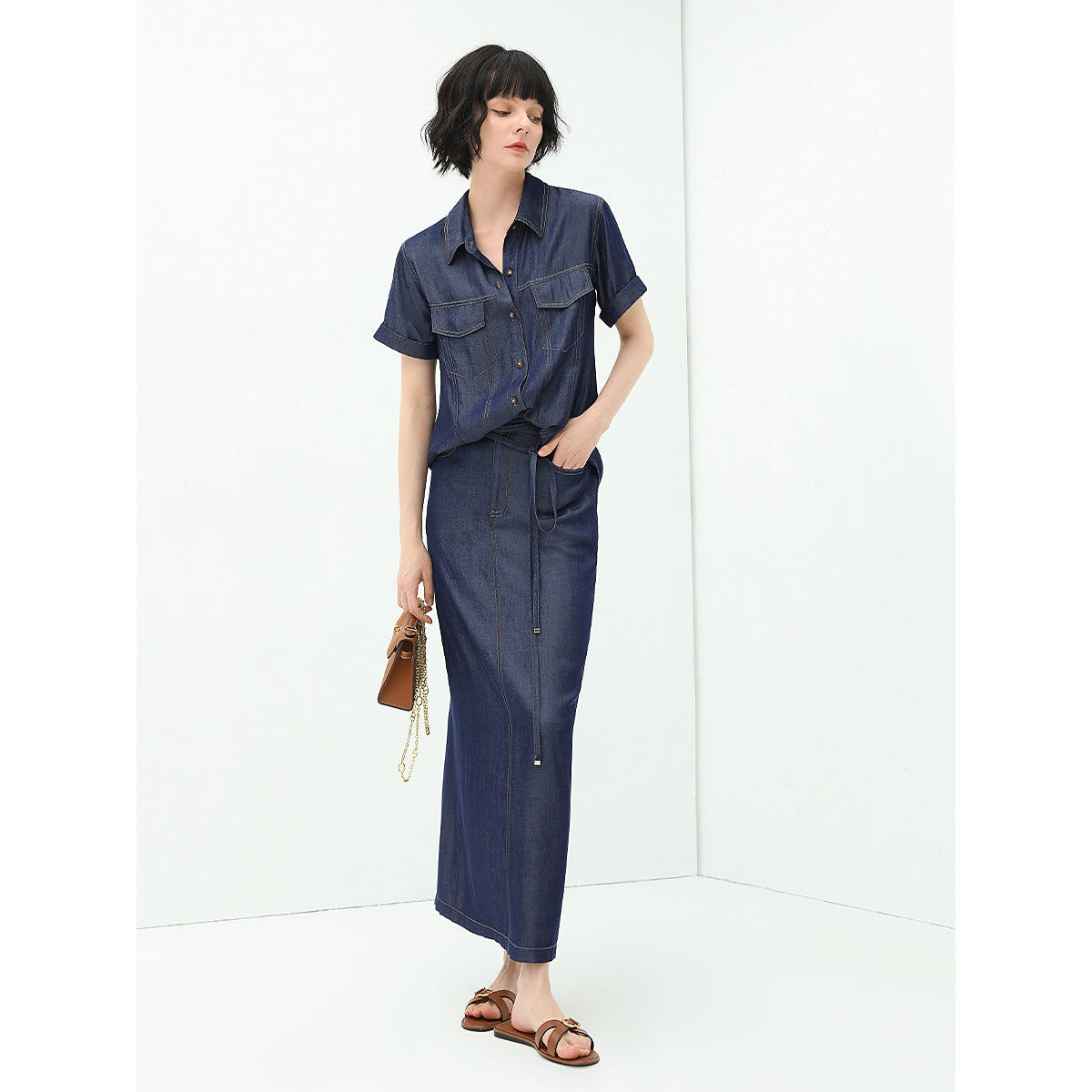 drawstring high waist navy denim skirt all navy 2